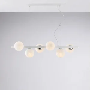 Adrian Lampe à suspension en fer laqué blanc et chrome 6 lumières L.101 x 30 BL278-6-BCO Adrian Lampe à suspension en fer laqué blanc et chrome 6 lumières L.101 x 30 BL278-6-BCO