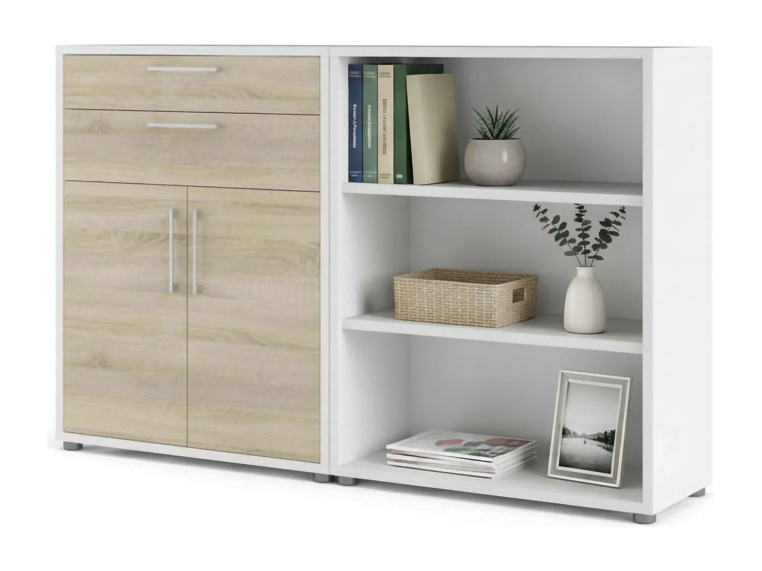 Albinea dressoir, Woonkamerbuffet, Woonkamerdressoir, Keukenkast, 178x40 h113 cm, Wit en Eiken