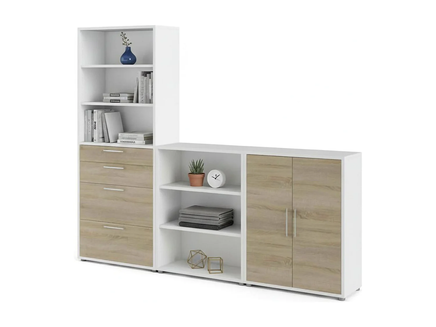 Acceglio dressoir, Woonkamerbuffet, Woonkamerdressoir, Keukenkast, 267x40 h222 cm, Wit en Eiken