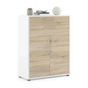 Agra Dressoir, Woonkamerbuffet, Woonkamerdressoir, Keukenkast, 89×40 h113 cm, Wit en Eiken