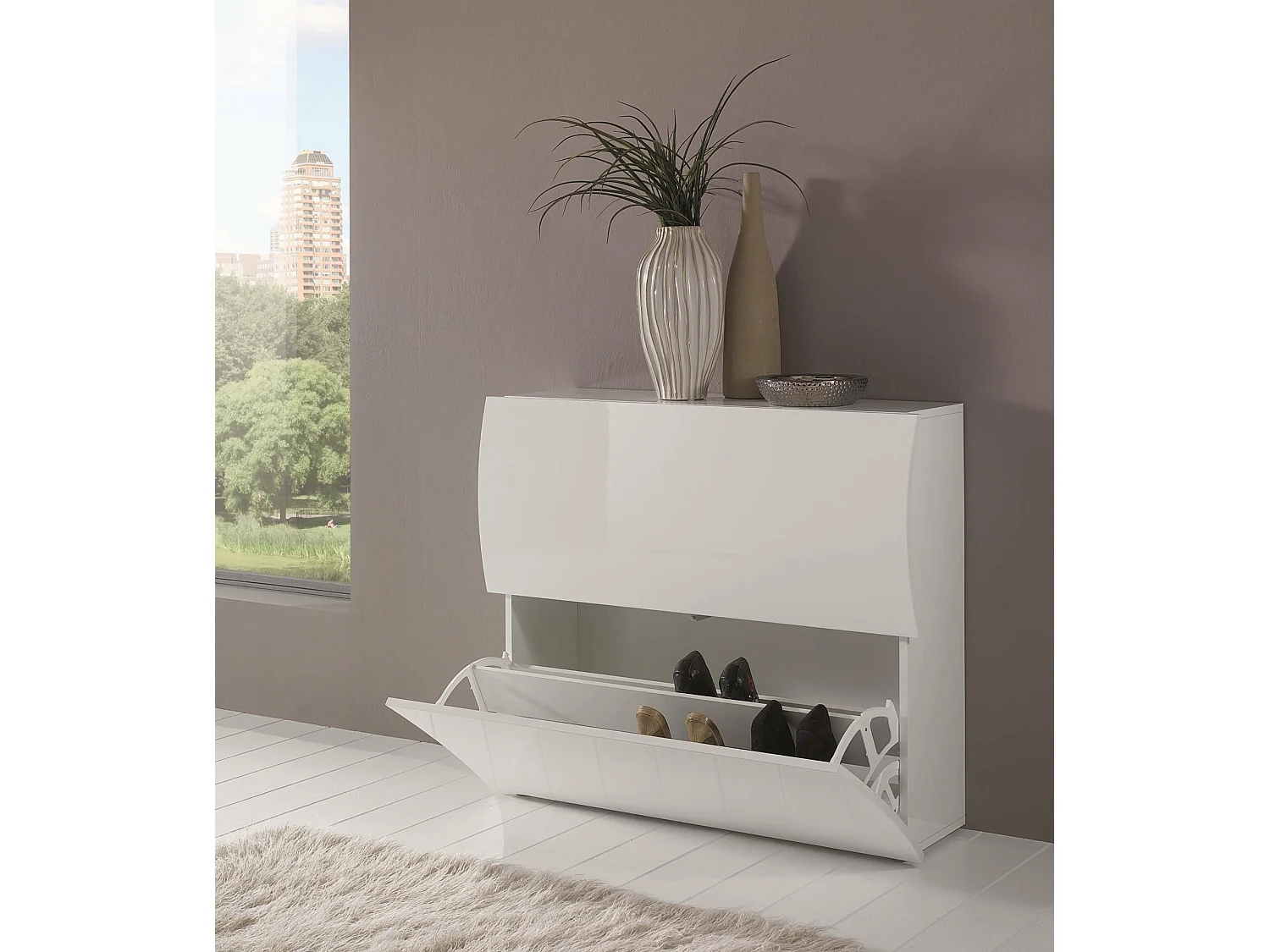 Dmora Schoenenkast Andrea 27x101x82h cm Wit Glanzend 16 Paar 4 Vakken, Schoenenmeubel 2 Deuren Made in Italy