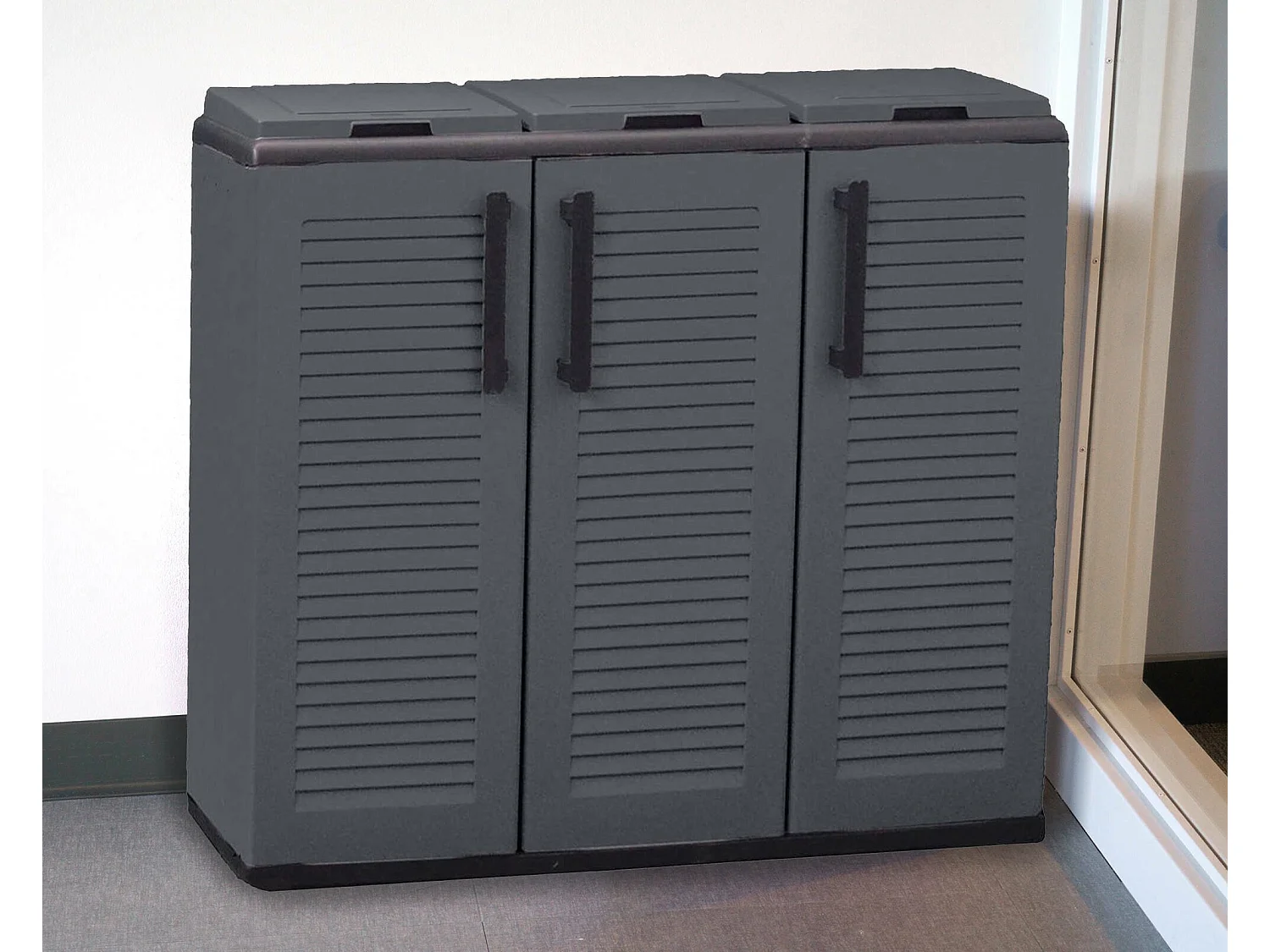 Arko vuilnisbak, inhoud 330 (110 per zak) Gemaakt in Italië, 102x37x84h cm grijs, afvalcontainer, 3 bakken, framekleur zwart