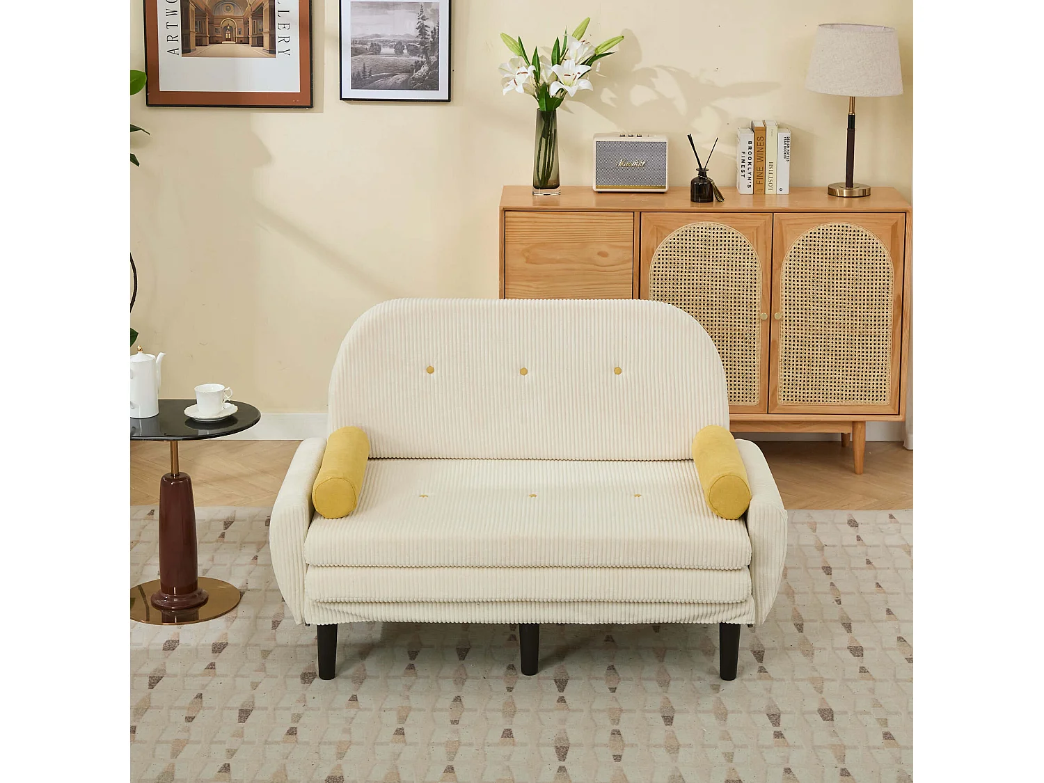 2-zits slaapbank van ivoorkleurig ribfluweel - om te bouwen tot bed of chaise longue