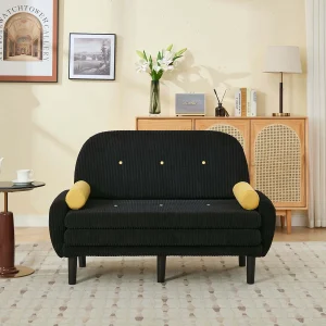 2-zits slaapbank van zwart ribfluweel – om te bouwen tot bed of chaise longue 2-zits slaapbank van zwart ribfluweel – om te bouwen tot bed of chaise longue