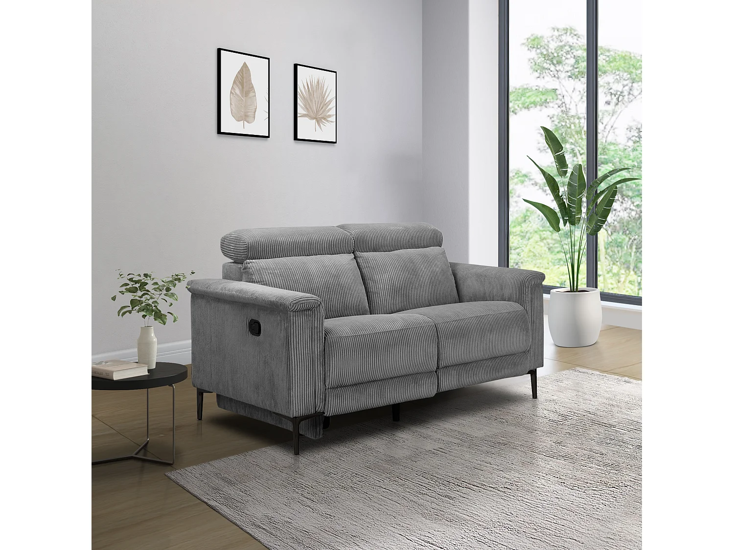 2Seater Sofa met 1 handmatige relaxfauteuil in corduroy grijs