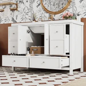 Badkamermeubel op poten 120x50x86,5 cm – Gelakte afwerking – 4 lades en 2 deurgrepen – Wastafel van kunsthars – Wit Badkamermeubel op poten 120x50x86,5 cm – Gelakte afwerking – 4 lades en 2 deurgrepen – Wastafel van kunsthars – Wit
