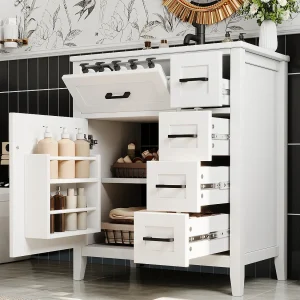 Badkamermeubel op poten 76x46x90 cm – Ingebouwde keramieken wastafel – 5 lades en 1 deur – Gelakte afwerking – MDF – Wit Badkamermeubel op poten 76x46x90 cm – Ingebouwde keramieken wastafel – 5 lades en 1 deur – Gelakte afwerking – MDF – Wit