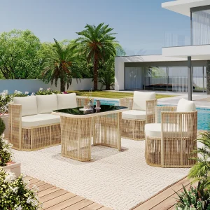 5-delige tuinmeubelset, PE-rotan, met polyester kussens, stalen frame en tafelblad van gehard glas, beige 5-delige tuinmeubelset, PE-rotan, met polyester kussens, stalen frame en tafelblad van gehard glas, beige