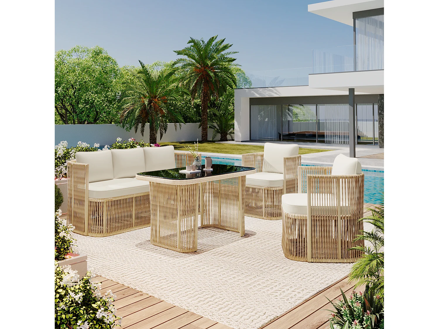 5-delige tuinmeubelset, PE-rotan, met polyester kussens, stalen frame en tafelblad van gehard glas, beige