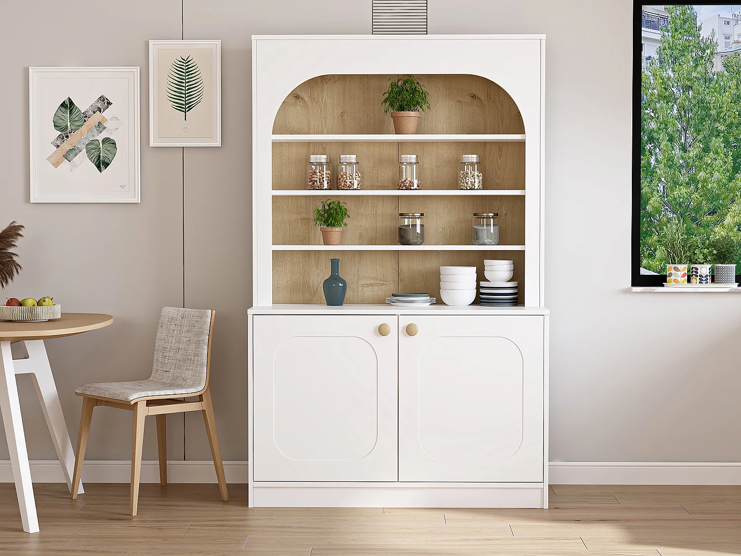 Keukenbuffet met 2 deuren en 4 nissen in MDF - Wit en licht naturel - ANZILA