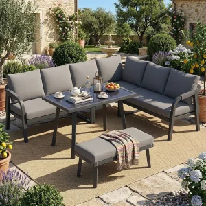 8-persoons tuinset – met geweven armleuningen en rugleuningen + hoekbank + tafel + zitbank – metaal – grijs 8-persoons tuinset – met geweven armleuningen en rugleuningen + hoekbank + tafel + zitbank – metaal – grijs