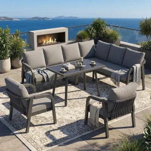 8-persoons tuinset – met geweven armleuningen en rugleuningen + bank + tafel + 2 fauteuils – metaal – grijs 8-persoons tuinset – met geweven armleuningen en rugleuningen + bank + tafel + 2 fauteuils – metaal – grijs