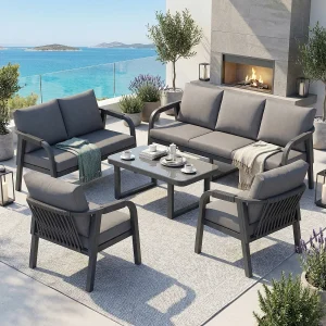 7-persoons tuinset – van gevlochten touw – met 2 banken + tafel + 2 fauteuils – metaal – grijs 7-persoons tuinset – van gevlochten touw – met 2 banken + tafel + 2 fauteuils – metaal – grijs