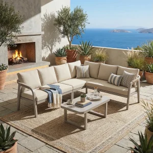 6-persoons tuinset – met geweven armleuningen en rugleuningen + hoekbank + tafel – metaal – beige