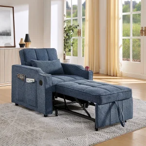 3-in-1 converteerbare fauteuil met USB-poorten – Marineblauwe stoffen slaapbank