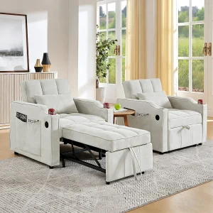 3-in-1 converteerbare fauteuil met USB-poorten – Beige stoffen slaapbank 3-in-1 converteerbare fauteuil met USB-poorten – Beige stoffen slaapbank