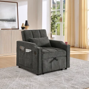 3-in-1 converteerbare fauteuil met USB-poorten – Slaapbank in donkergrijze stof
