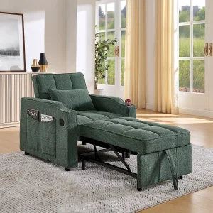 3-in-1 converteerbare fauteuil met USB-poorten – Groene stoffen slaapbank 3-in-1 converteerbare fauteuil met USB-poorten – Groene stoffen slaapbank