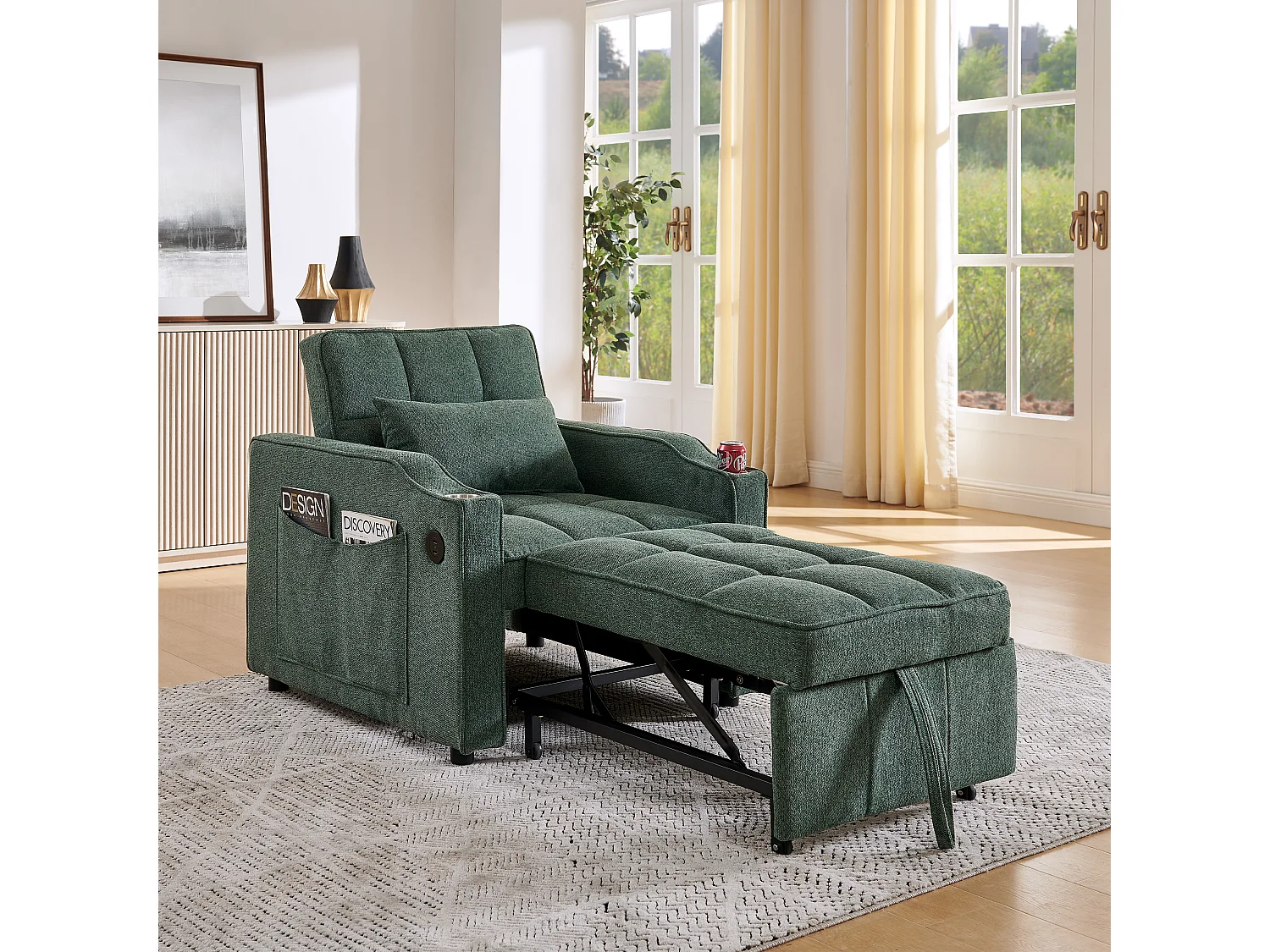 3-in-1 converteerbare fauteuil met USB-poorten - Groene stoffen slaapbank
