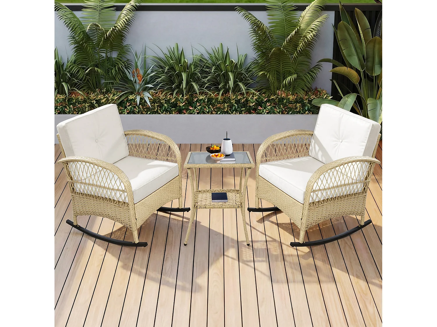 3-delige rotan balkonset - Beige kussens