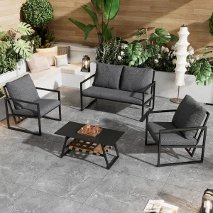 4-persoons tuinset: 2-zitsbank + 2 fauteuils + 1 salontafel – Zwart 4-persoons tuinset: 2-zitsbank + 2 fauteuils + 1 salontafel – Zwart
