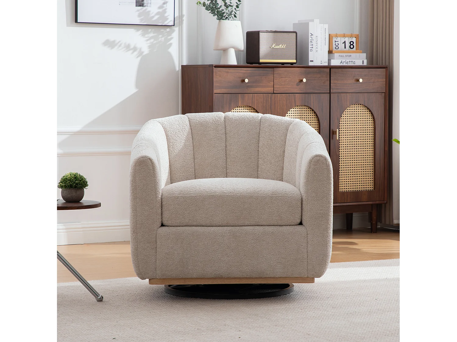 360° draaibare stoel in beige chenille met metalen onderstel – Pompoenvormig
