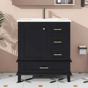 Badkamermeubel met 3 lades en zwarte keramische wasbak, 76x46x83,5 cm Badkamermeubel met 3 lades en zwarte keramische wasbak, 76x46x83,5 cm