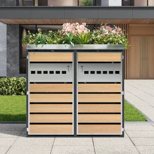 Abrigo para 2 recipientes com espaço para plantação e ventilação – Cinza e madeira Abrigo para 2 recipientes com espaço para plantação e ventilação – Cinza e madeira