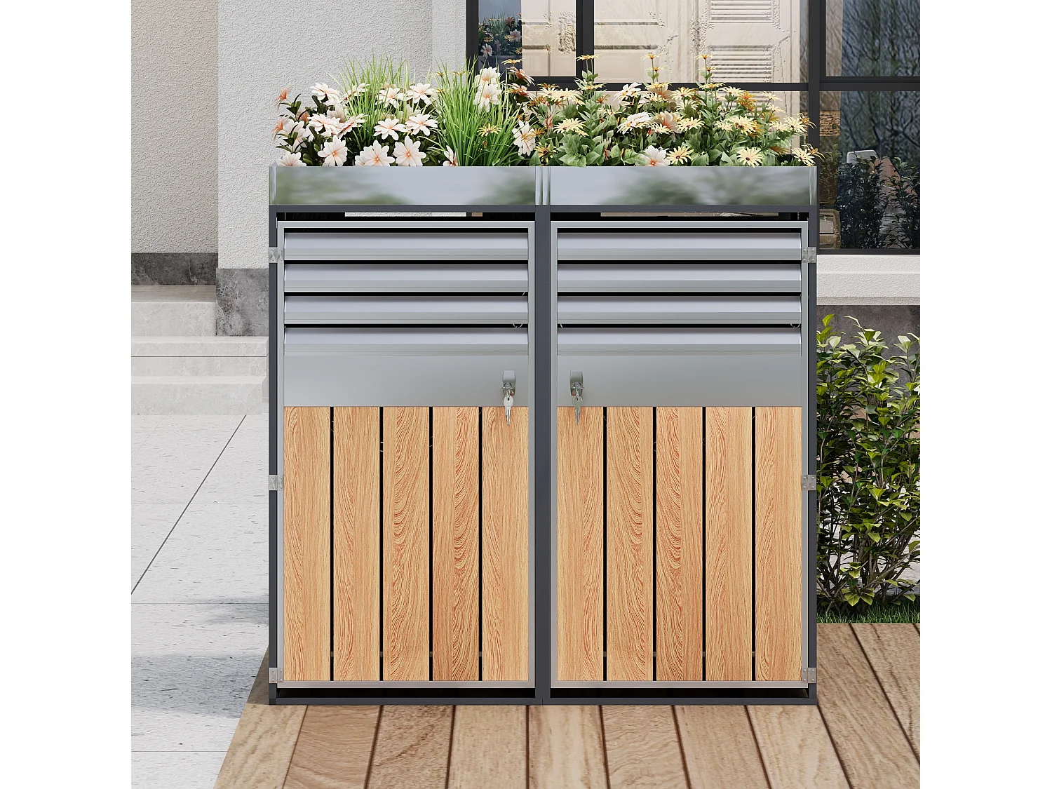 Afdak voor 2 plantenbakken met slot en plantruimte - Grijs 132 x 80 x 124,5 cm