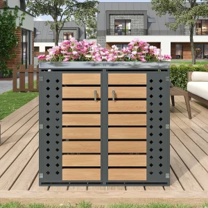 Afdak voor 2 afvalbakken met slot – Paneel met houtnerfstructuur – Grijs en hout Afdak voor 2 afvalbakken met slot – Paneel met houtnerfstructuur – Grijs en hout
