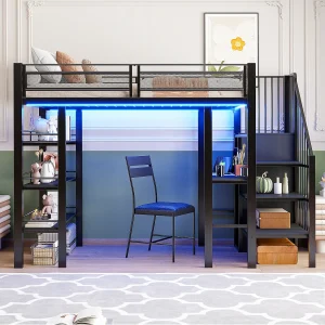 90×200 cm hoogslaper met bureau, ledverlichting en USB-poort – Zwart metaal en MDF-hout