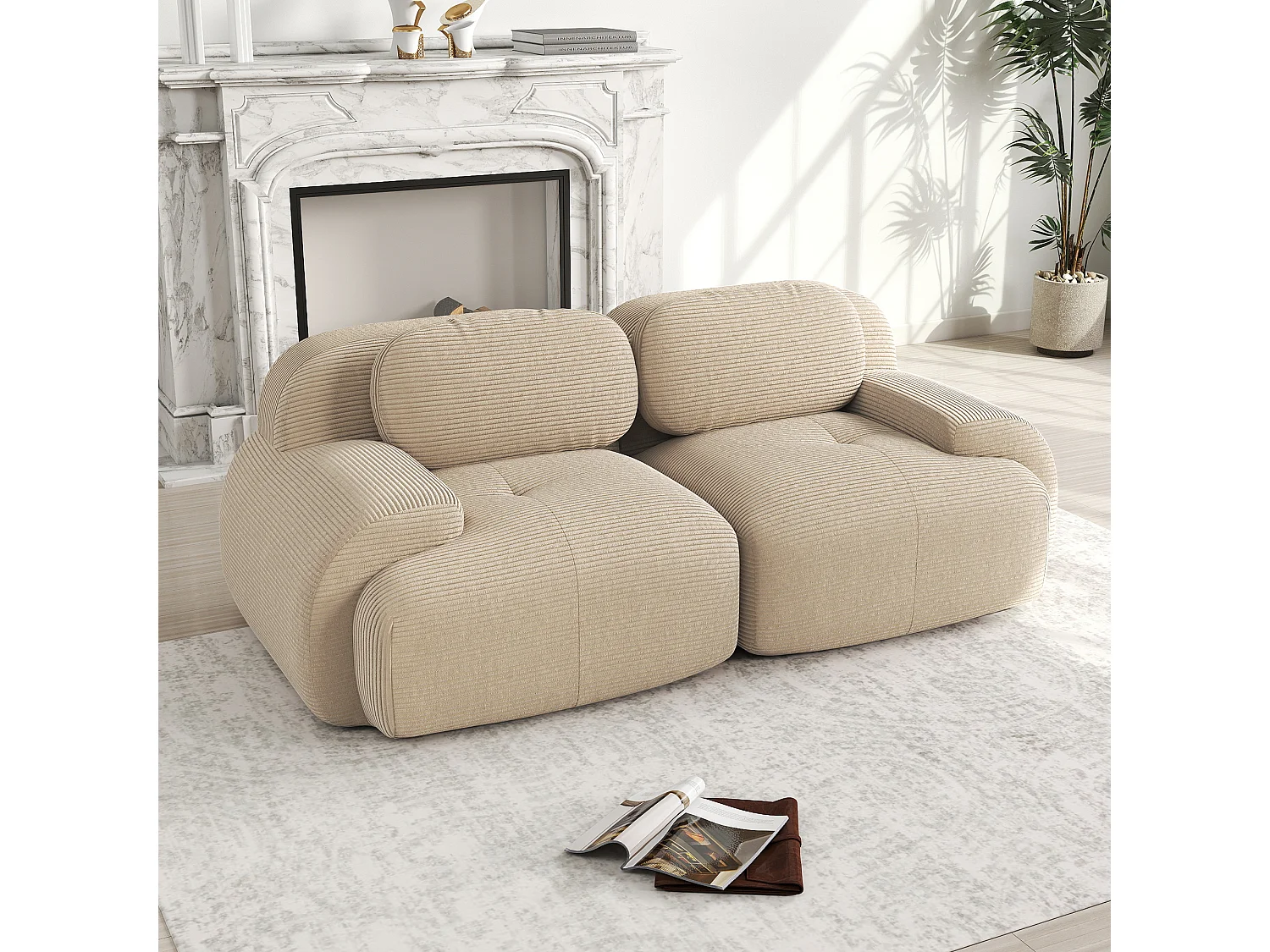 2-zitsbank met gebogen armleuningen en gewatteerde rugleuning, beige ribfluweel