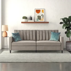 3-zits slaapbank in taupe fluweel 3-zits slaapbank in taupe fluweel