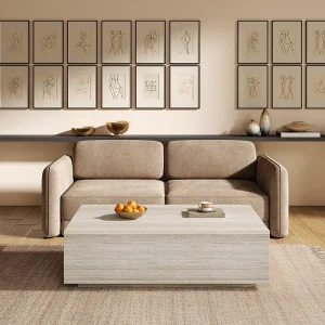 Salontafel met 2 lades in MDF – B120 cm – Beige travertijn effect – ANTRIM Salontafel met 2 lades in MDF – B120 cm – Beige travertijn effect – ANTRIM