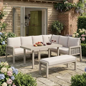 8-persoons tuinset – met hoekbank + salontafel + zitbank – PE gevlochten touw – metaal – kaki 8-persoons tuinset – met hoekbank + salontafel + zitbank – PE gevlochten touw – metaal – kaki