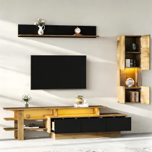 3-delige woonkamerset – met tv-meubel + vitrinekast + wandplank + 3 lades + ledverlichting – Acryl + MDF – naturel + zwart 3-delige woonkamerset – met tv-meubel + vitrinekast + wandplank + 3 lades + ledverlichting – Acryl + MDF – naturel + zwart