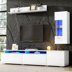 3-delige woonkamerset – met tv-meubel + vitrinekast + wandplank + ledverlichting – Acryl + MDF – wit 3-delige woonkamerset – met tv-meubel + vitrinekast + wandplank + ledverlichting – Acryl + MDF – wit