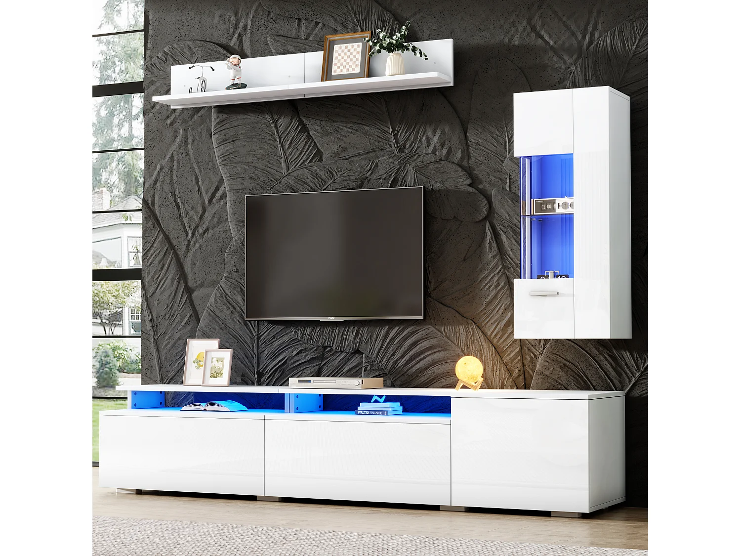 3-delige woonkamerset - met tv-meubel + vitrinekast + wandplank + ledverlichting - Acryl + MDF - wit