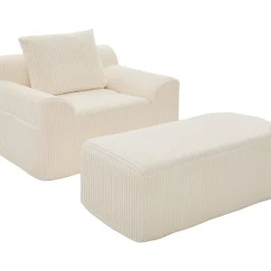 Bank 147x110x67cm Diepe zitting Ribfluweel Met voetensteun Beige