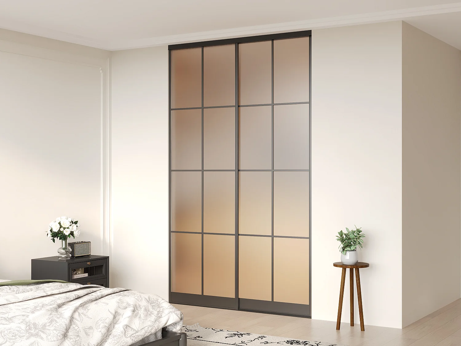 Schuifdeuren voor kast van zwart staal en gehard mat glas H250 x B130 cm - ALEPA
