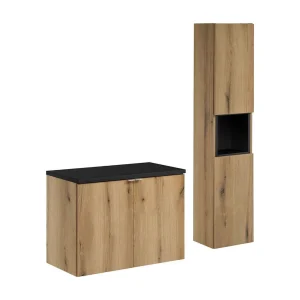 Badkamerset VANO eiken en zwart 110cm: onderkast met kastdeuren + wastafelblad + kolomkast Badkamerset VANO eiken en zwart 110cm: onderkast met kastdeuren + wastafelblad + kolomkast