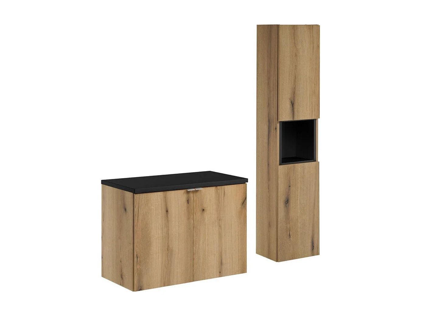 Badkamerset VANO eiken en zwart 110cm: onderkast met kastdeuren + wastafelblad + kolomkast