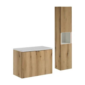 Badkamerset VANO eiken en wit uiterlijk 110cm: onderkast met kasten + blad voor wastafel + kolom Badkamerset VANO eiken en wit uiterlijk 110cm: onderkast met kasten + blad voor wastafel + kolom