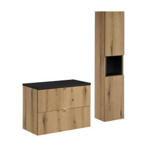 Badkamerset VANO eiken en zwart uiterlijk 110cm: onderkastmeubels met laden + blad voor wastafel + kolom Badkamerset VANO eiken en zwart uiterlijk 110cm: onderkastmeubels met laden + blad voor wastafel + kolom