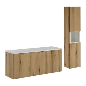 Badkamerset VANO eiken en wit uiterlijk 170cm: onderkastmeubels met kastjes + wastafelblad + kolomkast Badkamerset VANO eiken en wit uiterlijk 170cm: onderkastmeubels met kastjes + wastafelblad + kolomkast