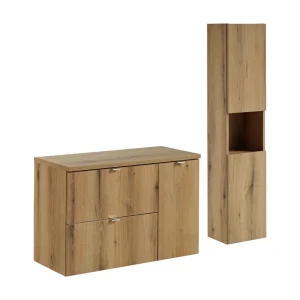 Badkamerset VANO eiken look 120cm: onderkast met lades en kasten + blad voor wastafel + kolomkast Badkamerset VANO eiken look 120cm: onderkast met lades en kasten + blad voor wastafel + kolomkast