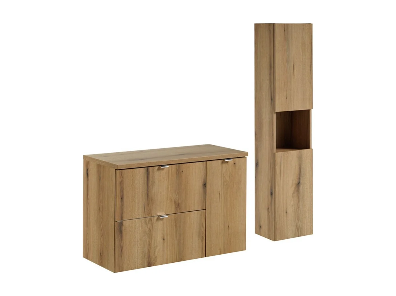Badkamerset VANO eiken look 120cm: onderkast met lades en kasten + blad voor wastafel + kolomkast