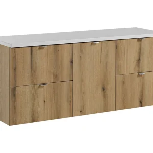 Badkamerset VANO eiken en wit uiterlijk 140cm: onderkastmeubels met laden en wasmand + blad voor wasbak Badkamerset VANO eiken en wit uiterlijk 140cm: onderkastmeubels met laden en wasmand + blad voor wasbak