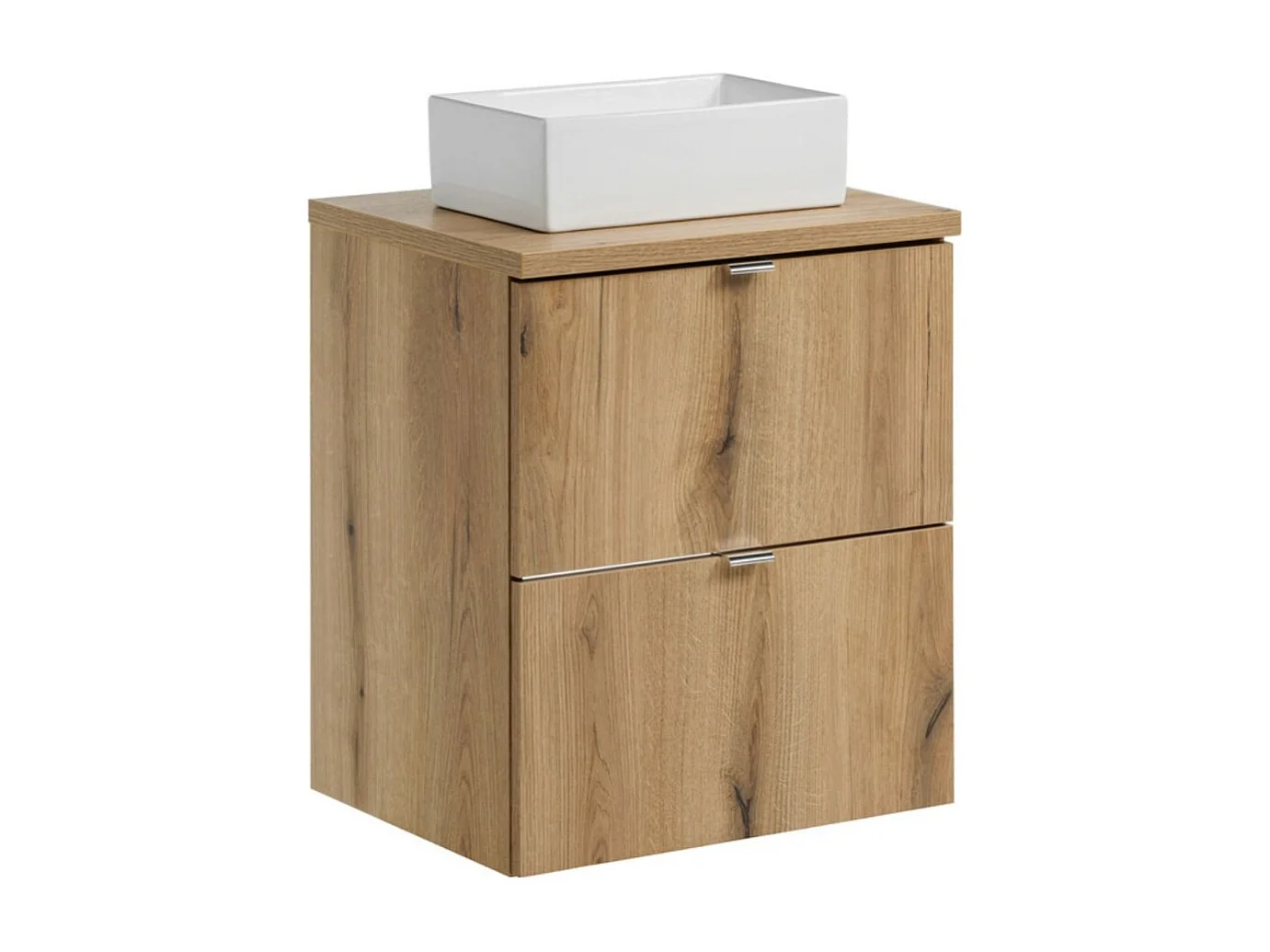 Badkamerset VANO eikenlook 50cm: onderkast met lades + blad voor wastafel + opzetwastafels