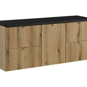 Badkamerset VANO eiken en zwart uiterlijk 140cm: onderkasten met laden en wasmand + blad voor wastafel Badkamerset VANO eiken en zwart uiterlijk 140cm: onderkasten met laden en wasmand + blad voor wastafel